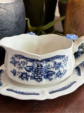 Antique White Porcelain Gravy Boat with Blue Floral Transfer